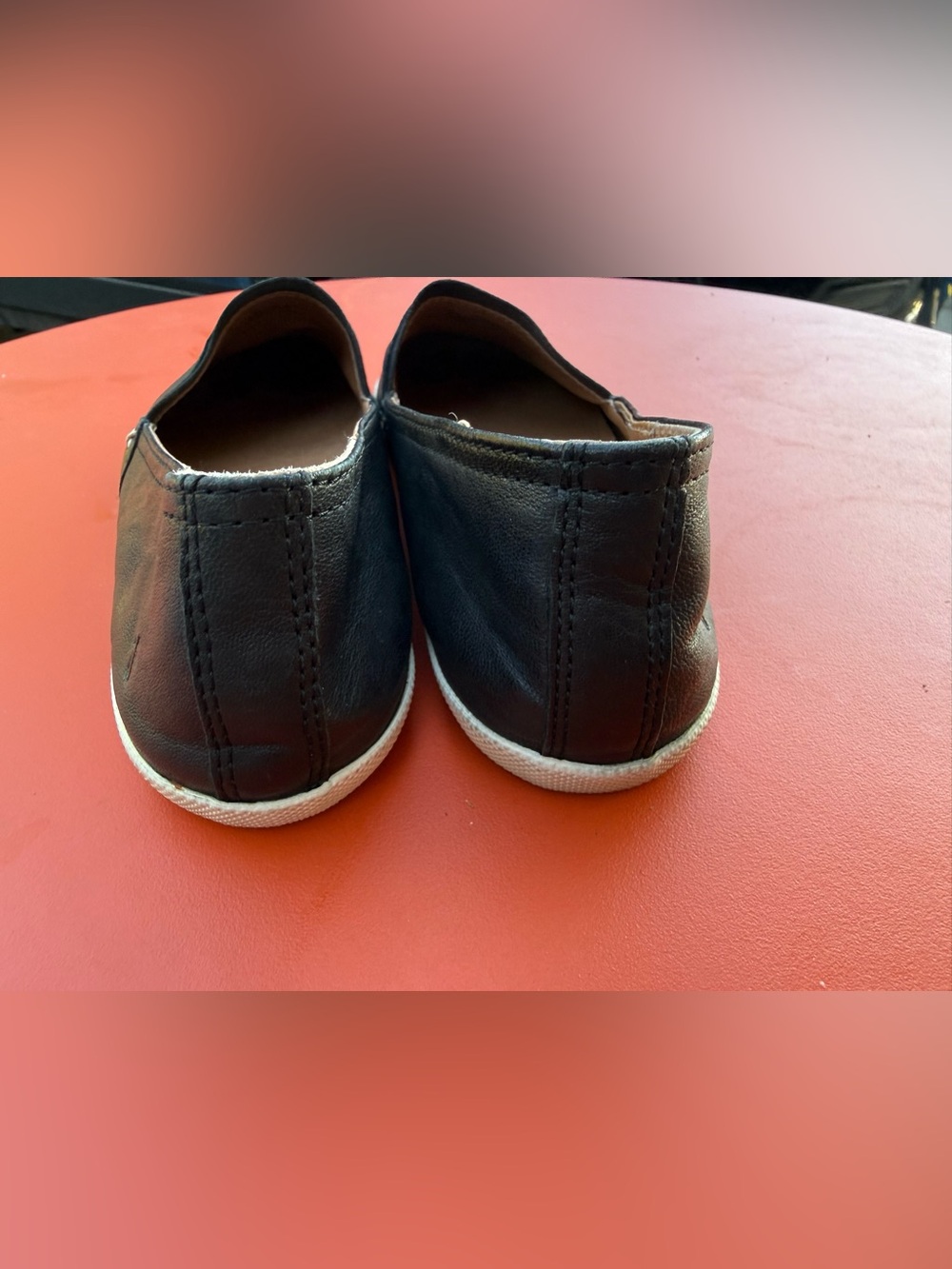 Frye Black Leather Slip-On Flats with White Trim - Picture 6 of 11